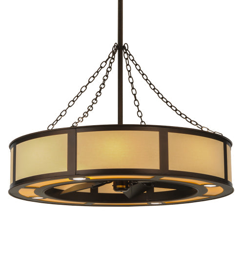 Meyda Lighting Smythe Craftsman 44" 16-Light Mahogany Bronze Maplewood Chandelier With Beige Eggshell Textrene Shade and Fan