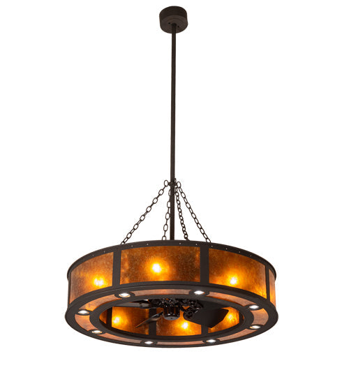 Meyda Lighting Smythe Craftsman 44" 24-Light Dark Roast Chandelier With Amber Mica Shade Glass and Fan
