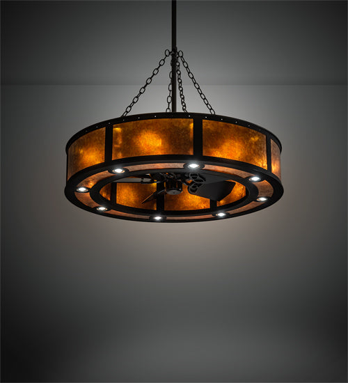 Meyda Lighting Smythe Craftsman 44" 24-Light Dark Roast Chandelier With Amber Mica Shade Glass and Fan