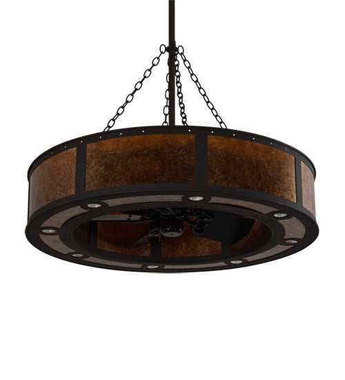 Meyda Lighting Smythe Craftsman 44" 24-Light Dark Roast Chandelier With Amber Mica Shade Glass and Fan