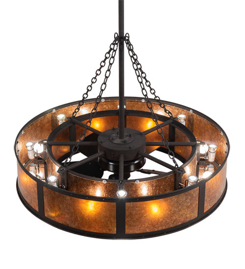 Meyda Lighting Smythe Craftsman 44" 24-Light Dark Roast Chandelier With Amber Mica Shade Glass and Fan