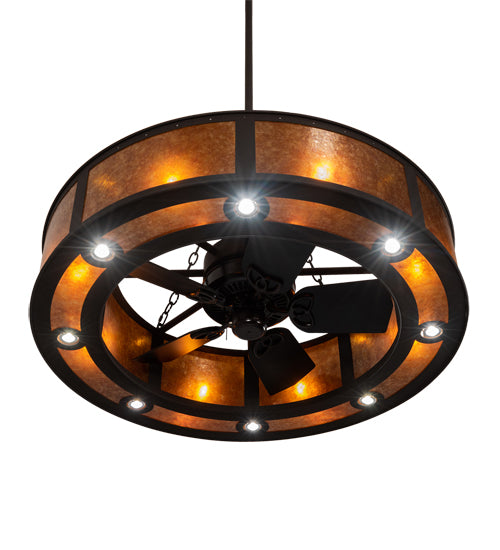 Meyda Lighting Smythe Craftsman 44" 24-Light Dark Roast Chandelier With Amber Mica Shade Glass and Fan