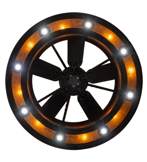 Meyda Lighting Smythe Craftsman 44" 24-Light Dark Roast Chandelier With Amber Mica Shade Glass and Fan