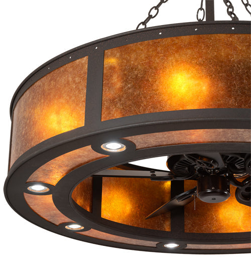 Meyda Lighting Smythe Craftsman 44" 24-Light Dark Roast Chandelier With Amber Mica Shade Glass and Fan