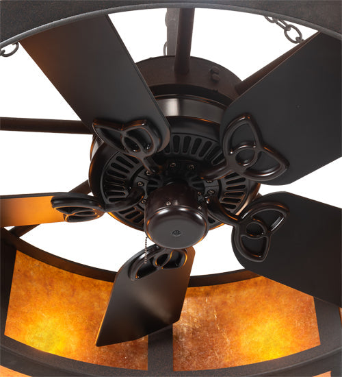Meyda Lighting Smythe Craftsman 44" 24-Light Dark Roast Chandelier With Amber Mica Shade Glass and Fan