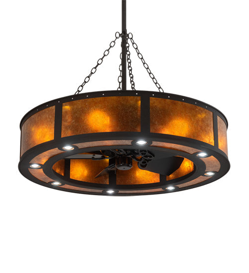 Meyda Lighting Smythe Craftsman 44" 24-Light Dark Roast Chandelier With Amber Mica Shade Glass and Fan