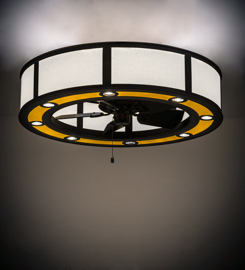 Meyda Lighting Smythe Craftsman 44" 8-Light Mahogany Bronze Chandelier With Beige & Yellow Shade and Fan