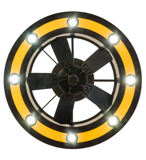 Meyda Lighting Smythe Craftsman 44" 8-Light Mahogany Bronze Chandelier With Beige & Yellow Shade and Fan