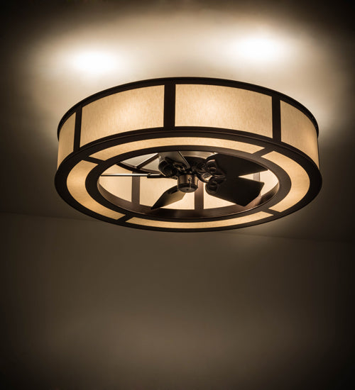Meyda Lighting Smythe Craftsman 45" 12-Light Mahogany Bronze Chandelier With Beige Textrene Shade and Fan