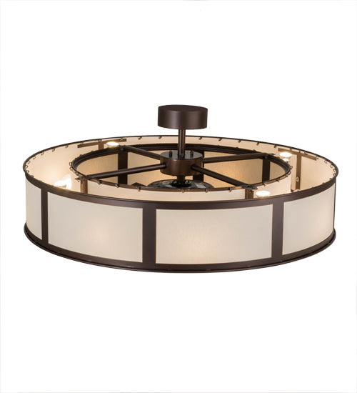 Meyda Lighting Smythe Craftsman 45" 12-Light Mahogany Bronze Chandelier With Beige Textrene Shade and Fan