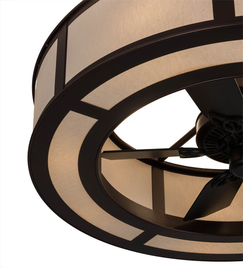 Meyda Lighting Smythe Craftsman 45" 12-Light Mahogany Bronze Chandelier With Beige Textrene Shade and Fan