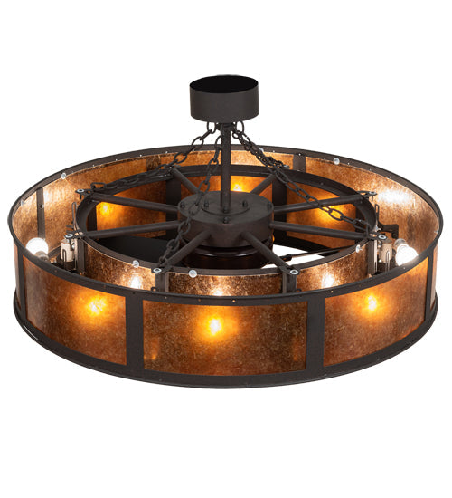 Meyda Lighting Smythe Craftsman 45" 16-Light Dark Roast Chandelier With Amber Mica Shade Glass and Fan
