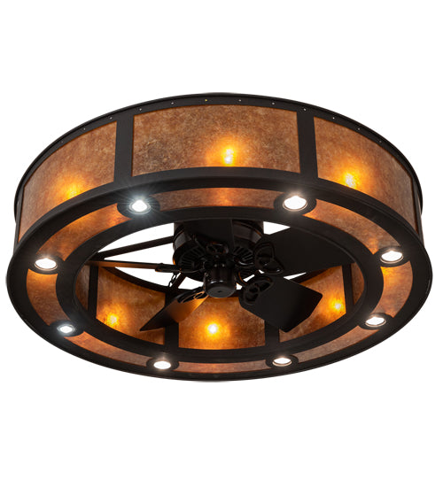 Meyda Lighting Smythe Craftsman 45" 16-Light Dark Roast Chandelier With Amber Mica Shade Glass and Fan