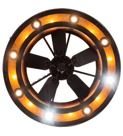 Meyda Lighting Smythe Craftsman 45" 16-Light Dark Roast Chandelier With Amber Mica Shade Glass and Fan