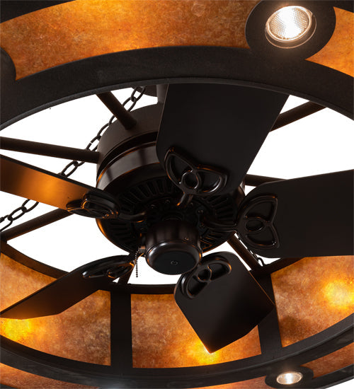 Meyda Lighting Smythe Craftsman 45" 16-Light Dark Roast Chandelier With Amber Mica Shade Glass and Fan