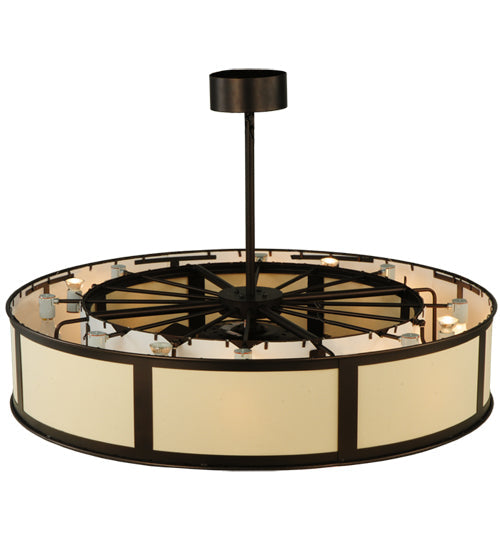 Meyda Lighting Smythe Craftsman 45" 16-Light Mahogany Bronze Maplewood Chandelier With Beige Textrene Shade and Fan