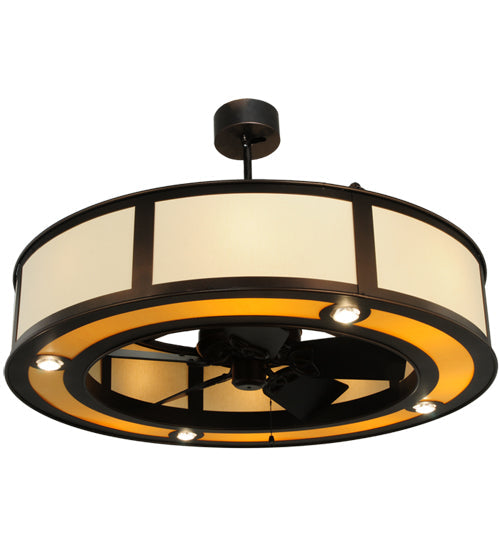 Meyda Lighting Smythe Craftsman 45" 16-Light Mahogany Bronze Maplewood Chandelier With Beige Textrene Shade and Fan