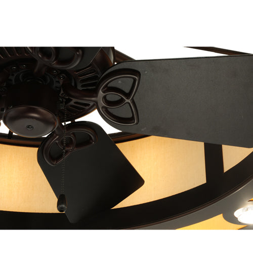 Meyda Lighting Smythe Craftsman 45" 16-Light Mahogany Bronze Maplewood Chandelier With Beige Textrene Shade and Fan