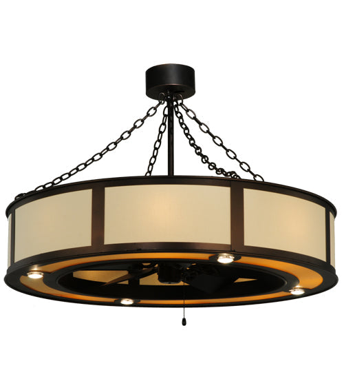 Meyda Lighting Smythe Craftsman 45" 16-Light Mahogany Bronze Maplewood Chandelier With Beige Textrene Shade and Fan