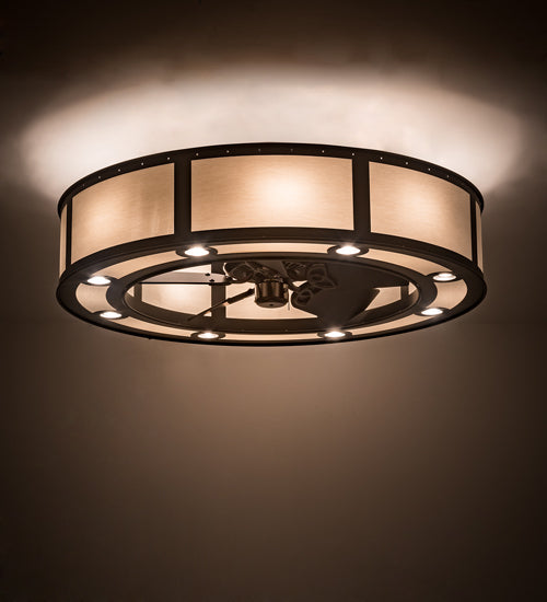 Meyda Lighting Smythe Craftsman 45" 16-Light Timeless Bronze Ceiling Fixture Chandelier With Beige Eggshell Textrene Shade and Fan