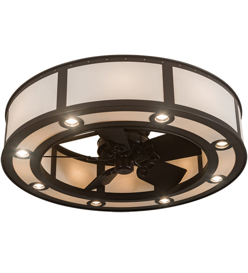Meyda Lighting Smythe Craftsman 45" 16-Light Timeless Bronze Ceiling Fixture Chandelier With Beige Eggshell Textrene Shade and Fan