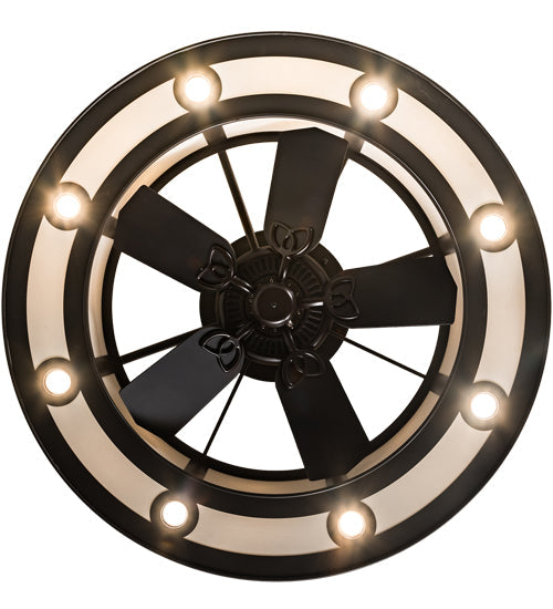 Meyda Lighting Smythe Craftsman 45" 16-Light Timeless Bronze Ceiling Fixture Chandelier With Beige Eggshell Textrene Shade and Fan