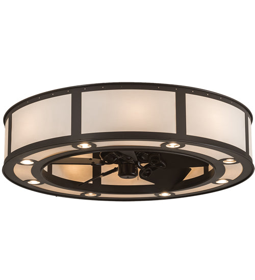 Meyda Lighting Smythe Craftsman 45" 16-Light Timeless Bronze Ceiling Fixture Chandelier With Beige Eggshell Textrene Shade and Fan