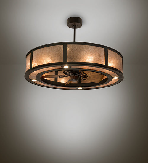 Meyda Lighting Smythe Craftsman 45" 4-Light Timeless Bronze Chandelier With Silver Mica Shade Glass and Fan