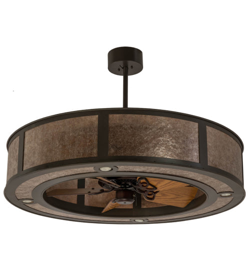Meyda Lighting Smythe Craftsman 45" 4-Light Timeless Bronze Chandelier With Silver Mica Shade Glass and Fan