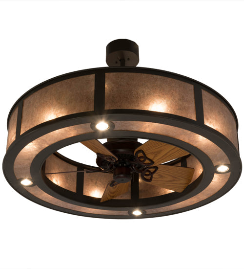 Meyda Lighting Smythe Craftsman 45" 4-Light Timeless Bronze Chandelier With Silver Mica Shade Glass and Fan