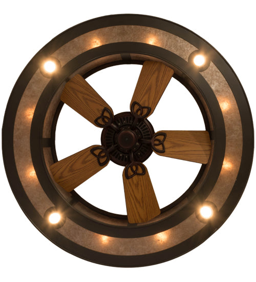 Meyda Lighting Smythe Craftsman 45" 4-Light Timeless Bronze Chandelier With Silver Mica Shade Glass and Fan