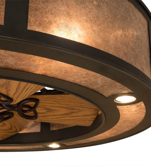 Meyda Lighting Smythe Craftsman 45" 4-Light Timeless Bronze Chandelier With Silver Mica Shade Glass and Fan