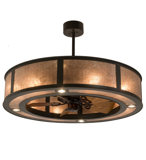 Meyda Lighting Smythe Craftsman 45" 4-Light Timeless Bronze Chandelier With Silver Mica Shade Glass and Fan