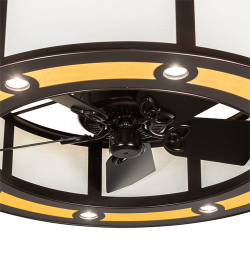 Meyda Lighting Smythe Craftsman 45" 8-LED Mahogany Bronze Maplewood Chandelier With Beige & White Shade and Fan