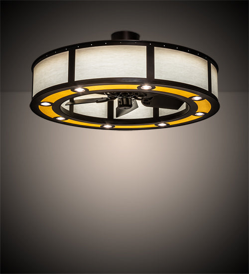 Meyda Lighting Smythe Craftsman 45" 8-LED Mahogany Bronze Maplewood Chandelier With Beige & White Shade and Fan