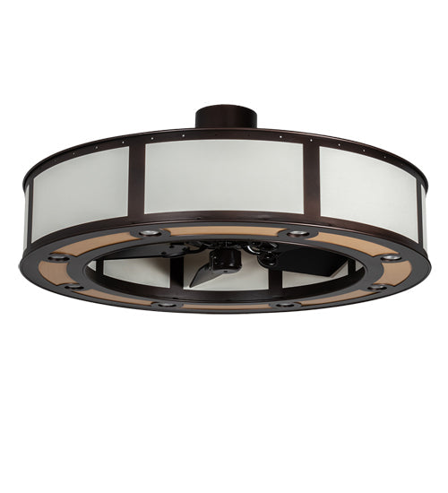 Meyda Lighting Smythe Craftsman 45" 8-LED Mahogany Bronze Maplewood Chandelier With Beige & White Shade and Fan