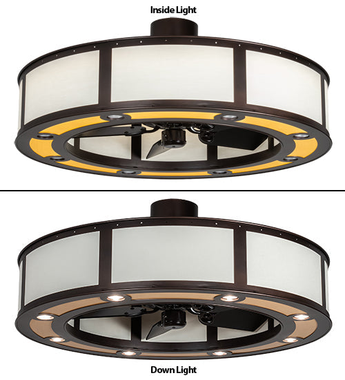Meyda Lighting Smythe Craftsman 45" 8-LED Mahogany Bronze Maplewood Chandelier With Beige & White Shade and Fan