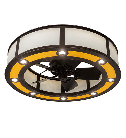 Meyda Lighting Smythe Craftsman 45" 8-LED Mahogany Bronze Maplewood Chandelier With Beige & White Shade and Fan