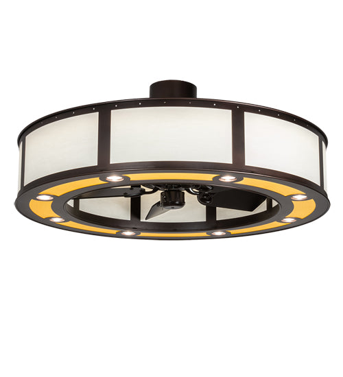 Meyda Lighting Smythe Craftsman 45" 8-LED Mahogany Bronze Maplewood Chandelier With Beige & White Shade and Fan