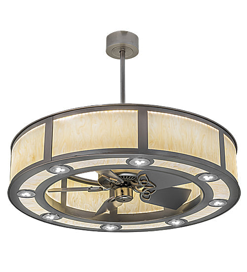 Meyda Lighting Smythe Craftsman 45" 8-Light LED Nickel Chandelier With Beige Sahara Taupe Idalight Shade Glass