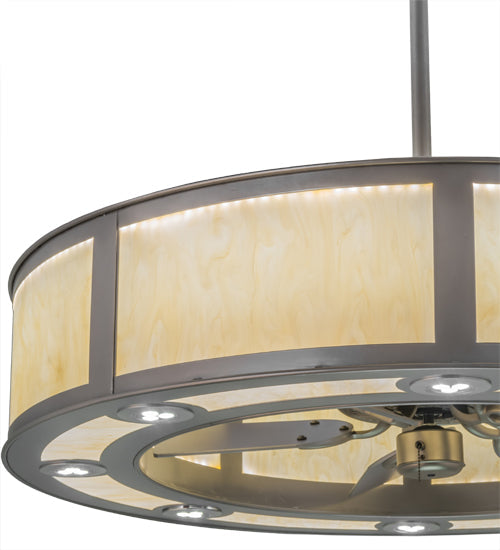 Meyda Lighting Smythe Craftsman 45" 8-Light LED Nickel Chandelier With Beige Sahara Taupe Idalight Shade Glass