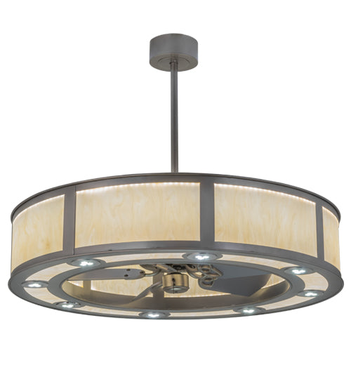 Meyda Lighting Smythe Craftsman 45" 8-Light LED Nickel Chandelier With Beige Sahara Taupe Idalight Shade Glass