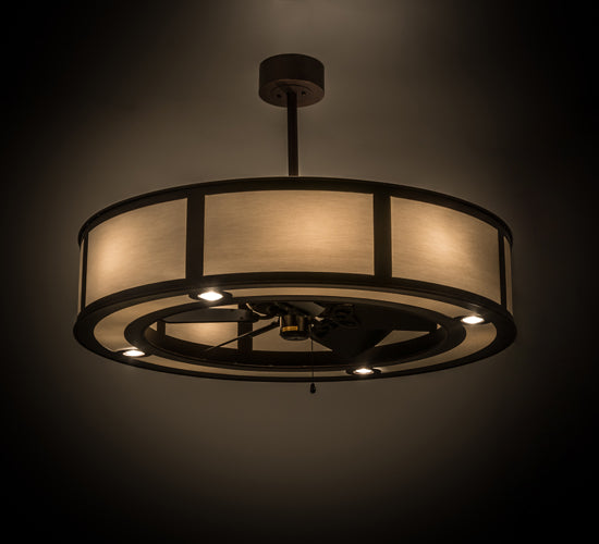 Meyda Lighting Smythe Craftsman 45" 8-Light Mahogany Bronze Chandelier With White Eggshell Textrene Shade and Fan