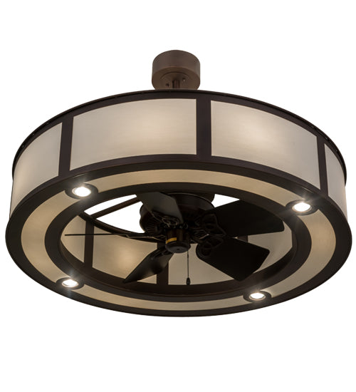 Meyda Lighting Smythe Craftsman 45" 8-Light Mahogany Bronze Chandelier With White Eggshell Textrene Shade and Fan