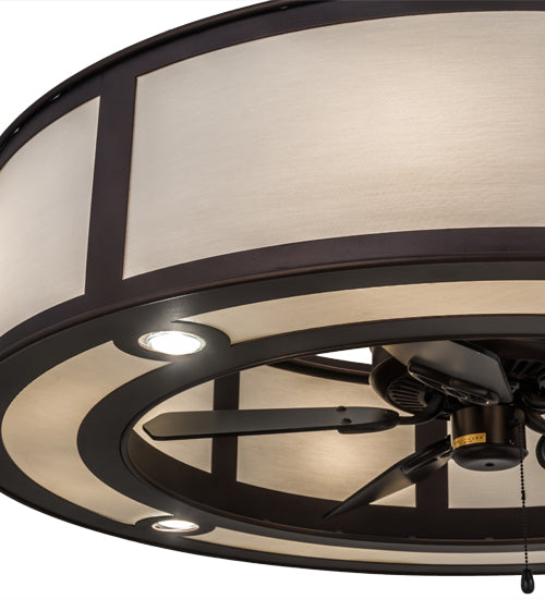 Meyda Lighting Smythe Craftsman 45" 8-Light Mahogany Bronze Chandelier With White Eggshell Textrene Shade and Fan