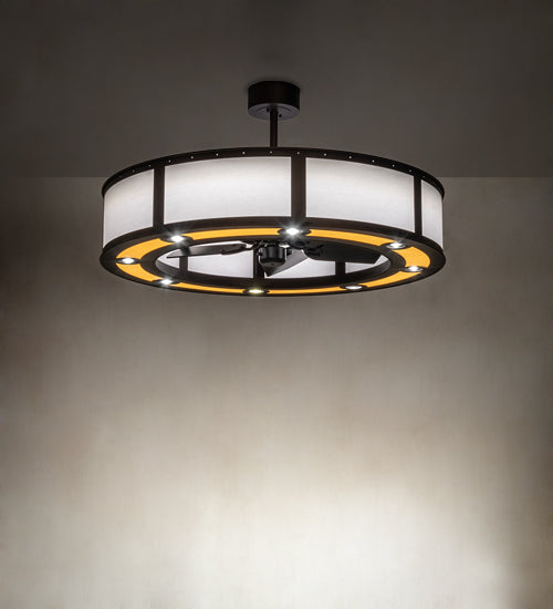 Meyda Lighting Smythe Craftsman 45" 8-Light Mahogany Bronze Maplewood Chandelier With Beige & Maplewood Vinyl Shade and Fan