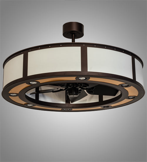 Meyda Lighting Smythe Craftsman 45" 8-Light Mahogany Bronze Maplewood Chandelier With Beige & Maplewood Vinyl Shade and Fan