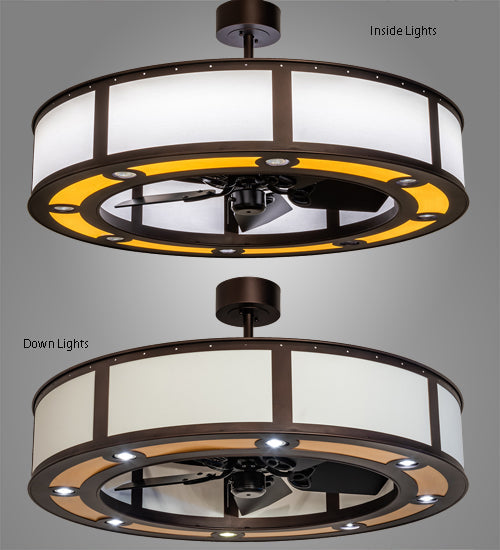 Meyda Lighting Smythe Craftsman 45" 8-Light Mahogany Bronze Maplewood Chandelier With Beige & Maplewood Vinyl Shade and Fan