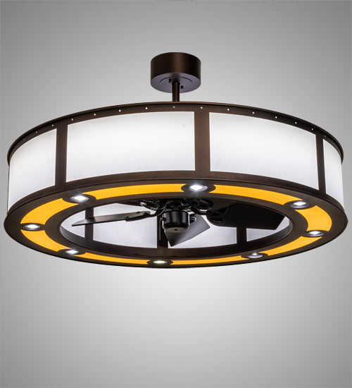Meyda Lighting Smythe Craftsman 45" 8-Light Mahogany Bronze Maplewood Chandelier With Beige & Maplewood Vinyl Shade and Fan