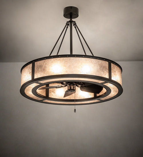 Meyda Lighting Smythe Craftsman 45" 8-Light Textured Timeless Bronze Chandelier With Silver Mica Shade Glass and Fan
